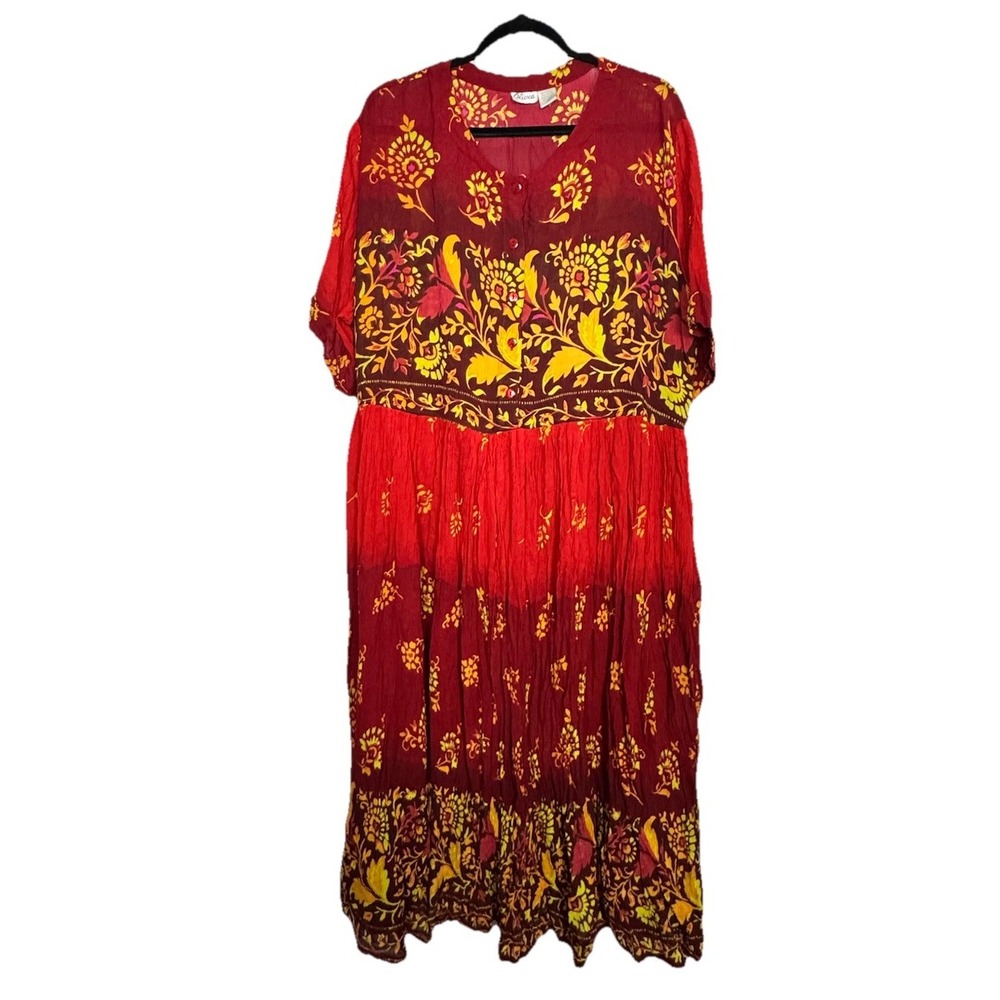 Olivia Boho Maxi Dress 1X Red Yellow Floral Print‎ Rayon India Festival Peasant